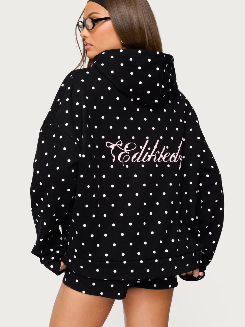 Edikted Black Polka Dot Hoodie with Pink Script Logo